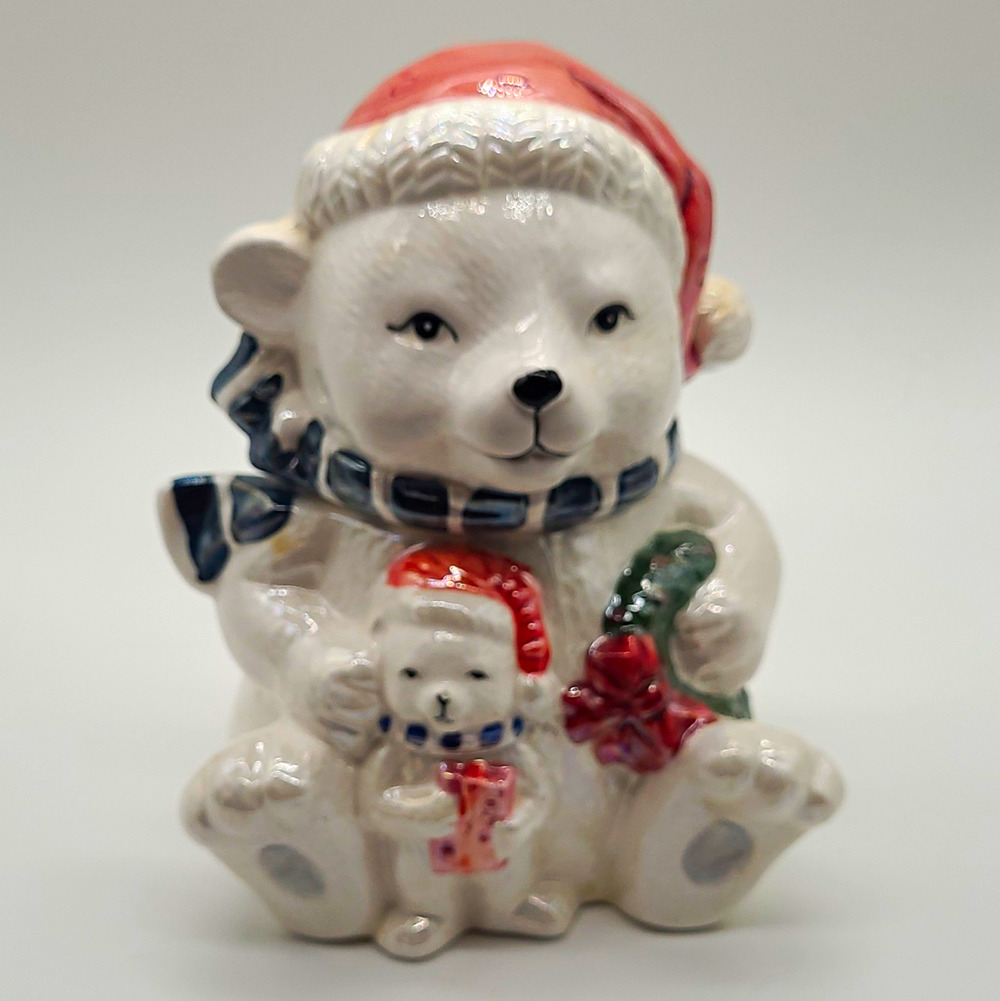 VTG 1991 Homco Polar Bear Cookie Jar Ceramic Cub Wreath 882 Holiday